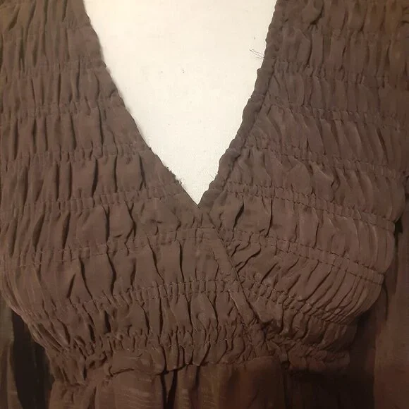 By The River (S)  Brown Maxi Dress w/V Neck, Long Sleeves, Ruffle Hem. - Picture 2 of 5